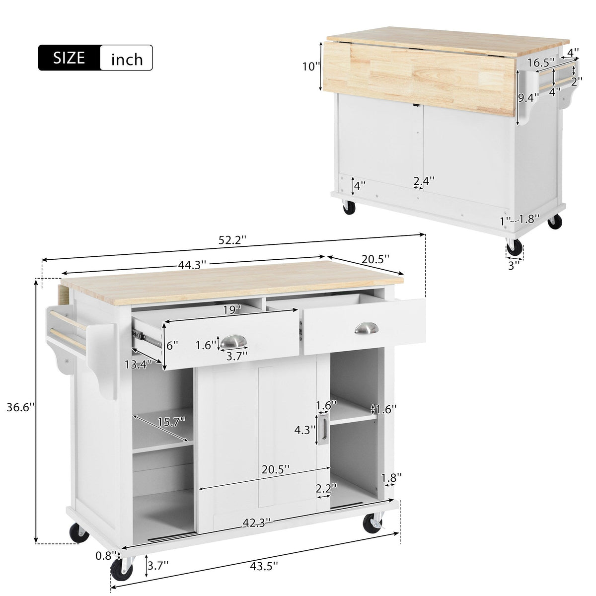 Runesay White Wood Base with Wood Top Rolling Kitchen Island (20.5-in x 52.2-in x 36.6-in)