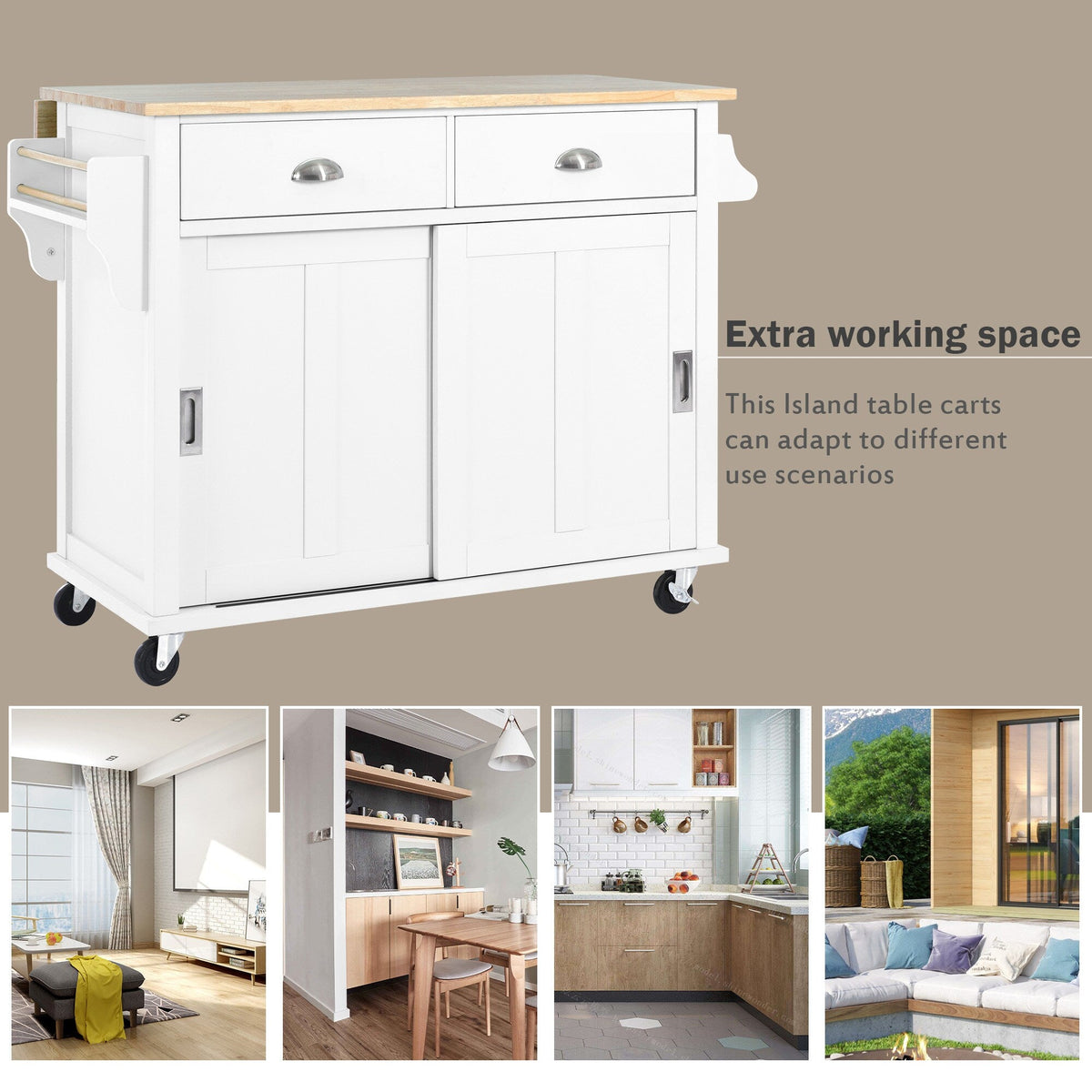 Runesay White Wood Base with Wood Top Rolling Kitchen Island (20.5-in x 52.2-in x 36.6-in)