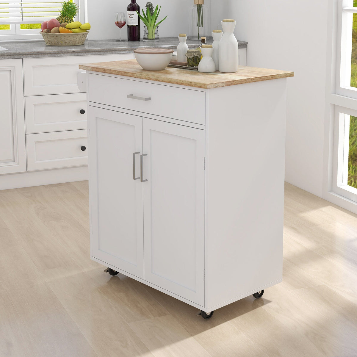Runesay White Wood Base with Wood Top Rolling Kitchen Island (17.72-in x 32.68-in x 36.02-in)