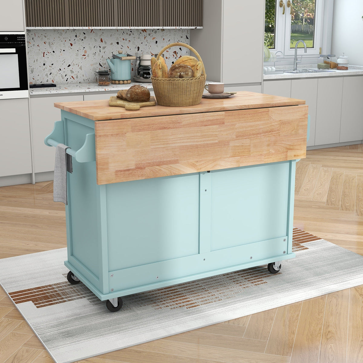 Runesay Green Wood Base with Wood Top Rolling Kitchen Island (20.5-in x 52.2-in x 36.6-in)