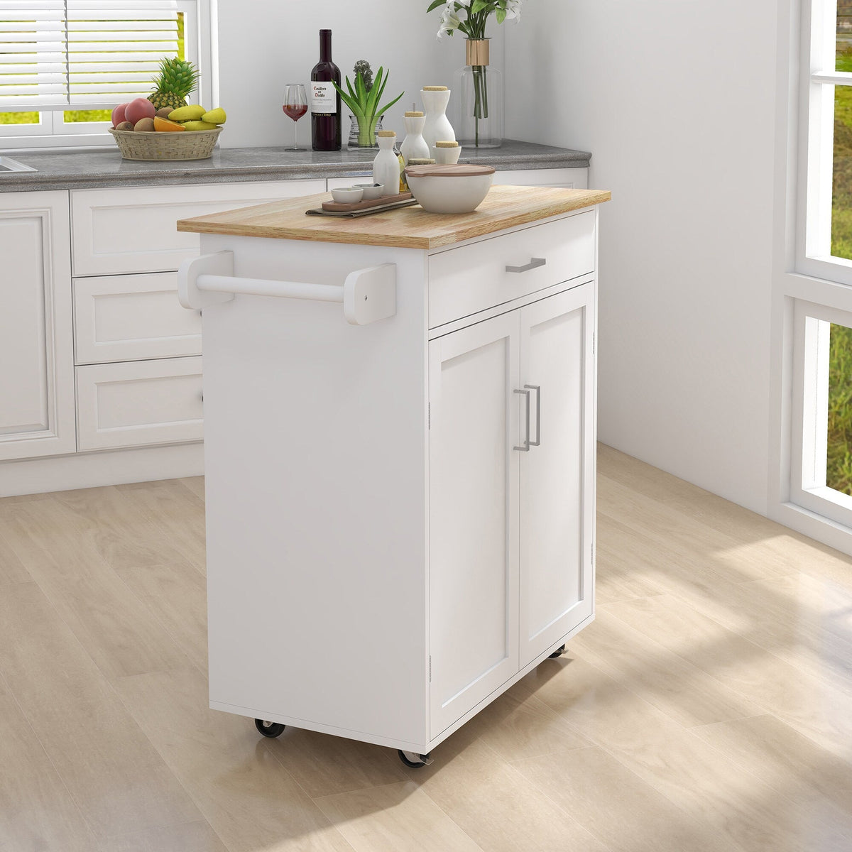 Runesay White Wood Base with Wood Top Rolling Kitchen Island (17.72-in x 32.68-in x 36.02-in)