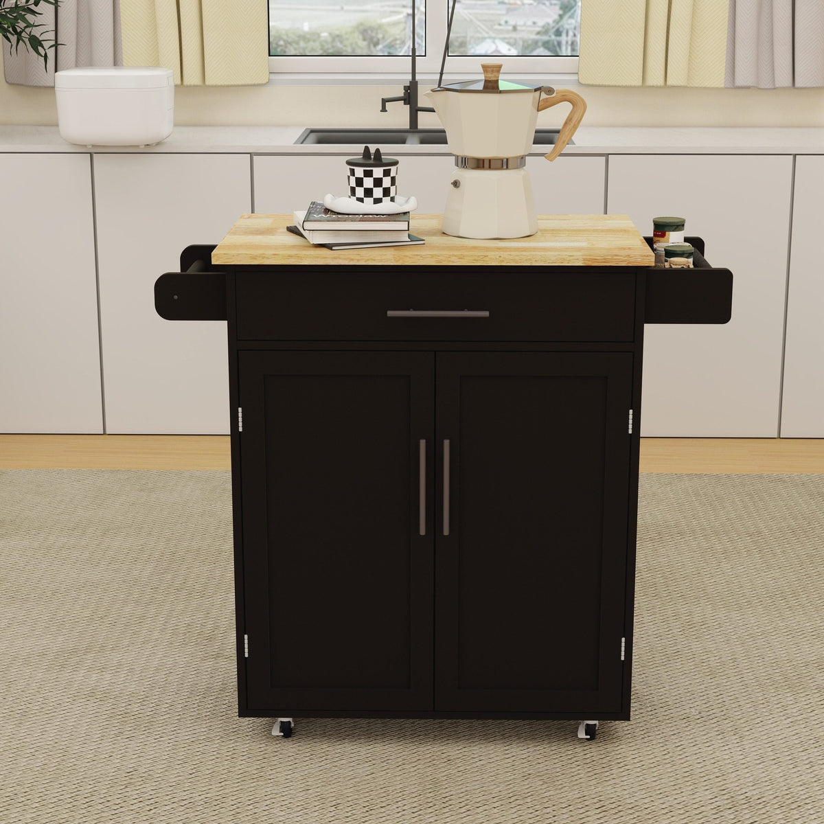 Runesay Black Wood Base with Wood Top Rolling Kitchen Island (17.72-in x 32.68-in x 36.02-in)