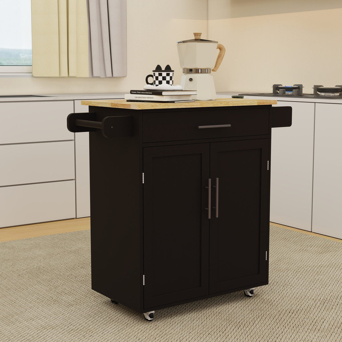 Runesay Black Wood Base with Wood Top Rolling Kitchen Island (17.72-in x 32.68-in x 36.02-in)