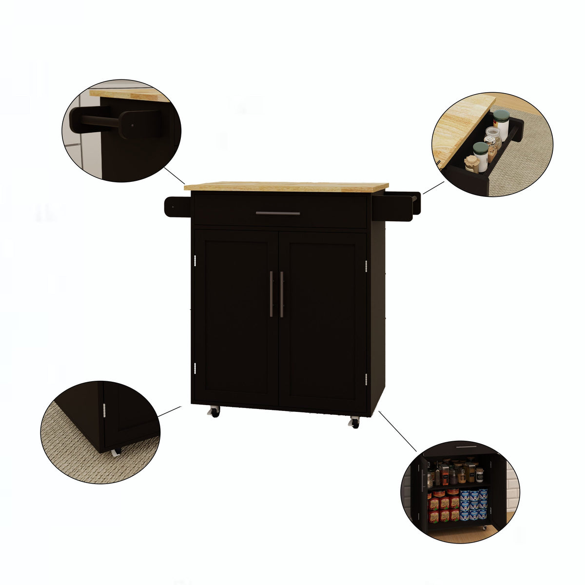 Runesay Black Wood Base with Wood Top Rolling Kitchen Island (17.72-in x 32.68-in x 36.02-in)