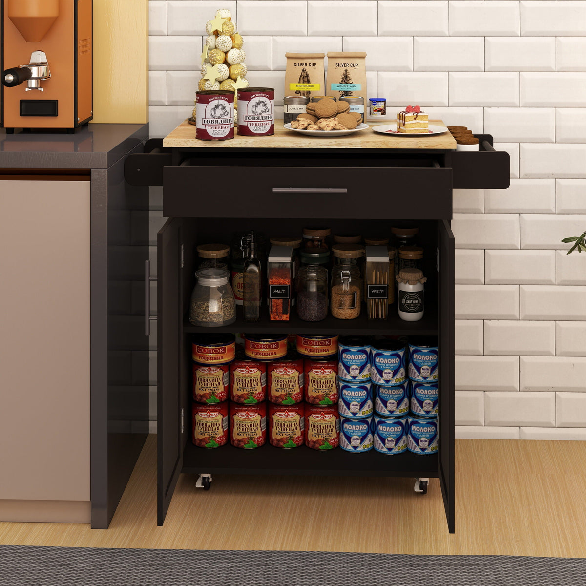 Runesay Black Wood Base with Wood Top Rolling Kitchen Island (17.72-in x 32.68-in x 36.02-in)