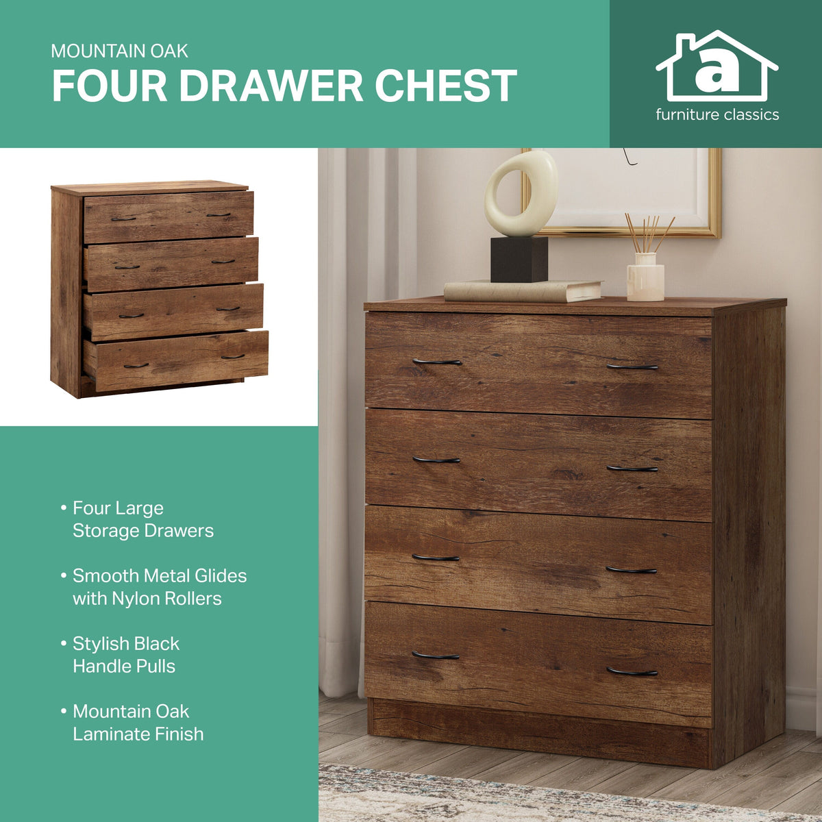 OSHOME OS Home and Office Furniture Model 6007 Four Drawer Chest in Mountain Oak
