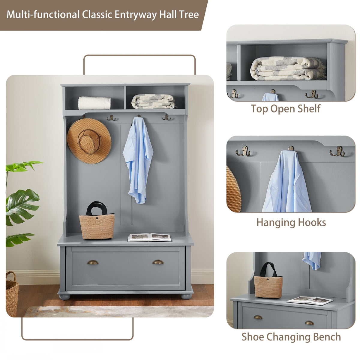 Yiekholo Casual 40.16-in Gray Wood Hall Tree