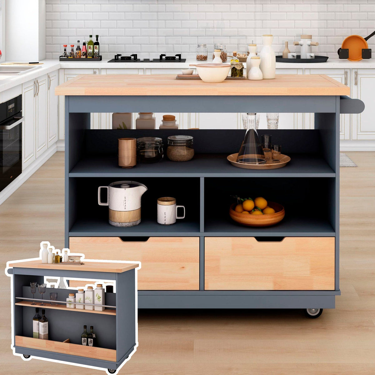 Nestfair Blue Wood Base with Mdf Wood Top Rolling Kitchen Island (21.7-in x 46-in x 35.62-in)