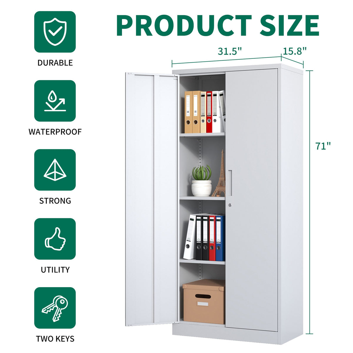 Kahomvis White 3-Shelf Office Cabinet