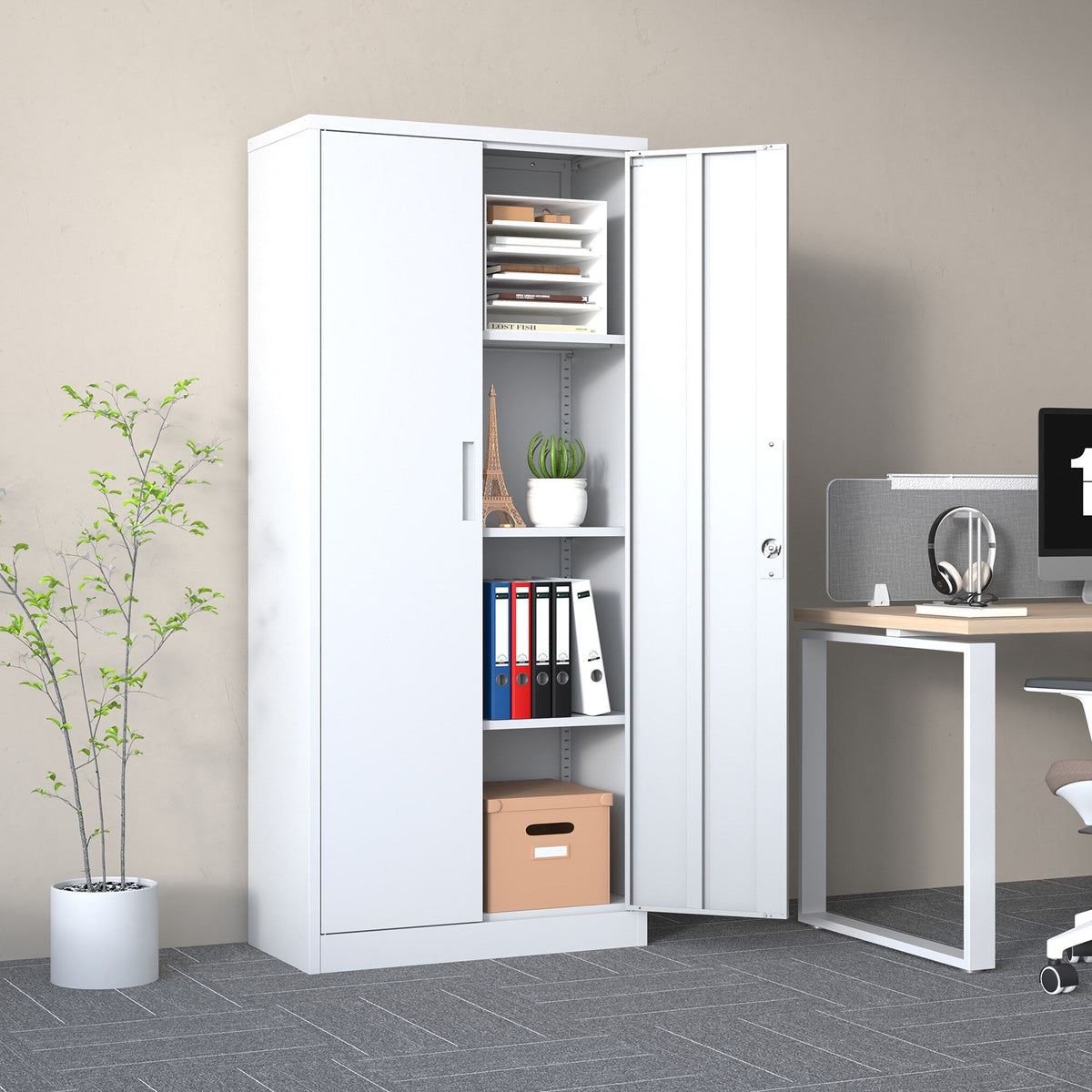 Kahomvis White 3-Shelf Office Cabinet