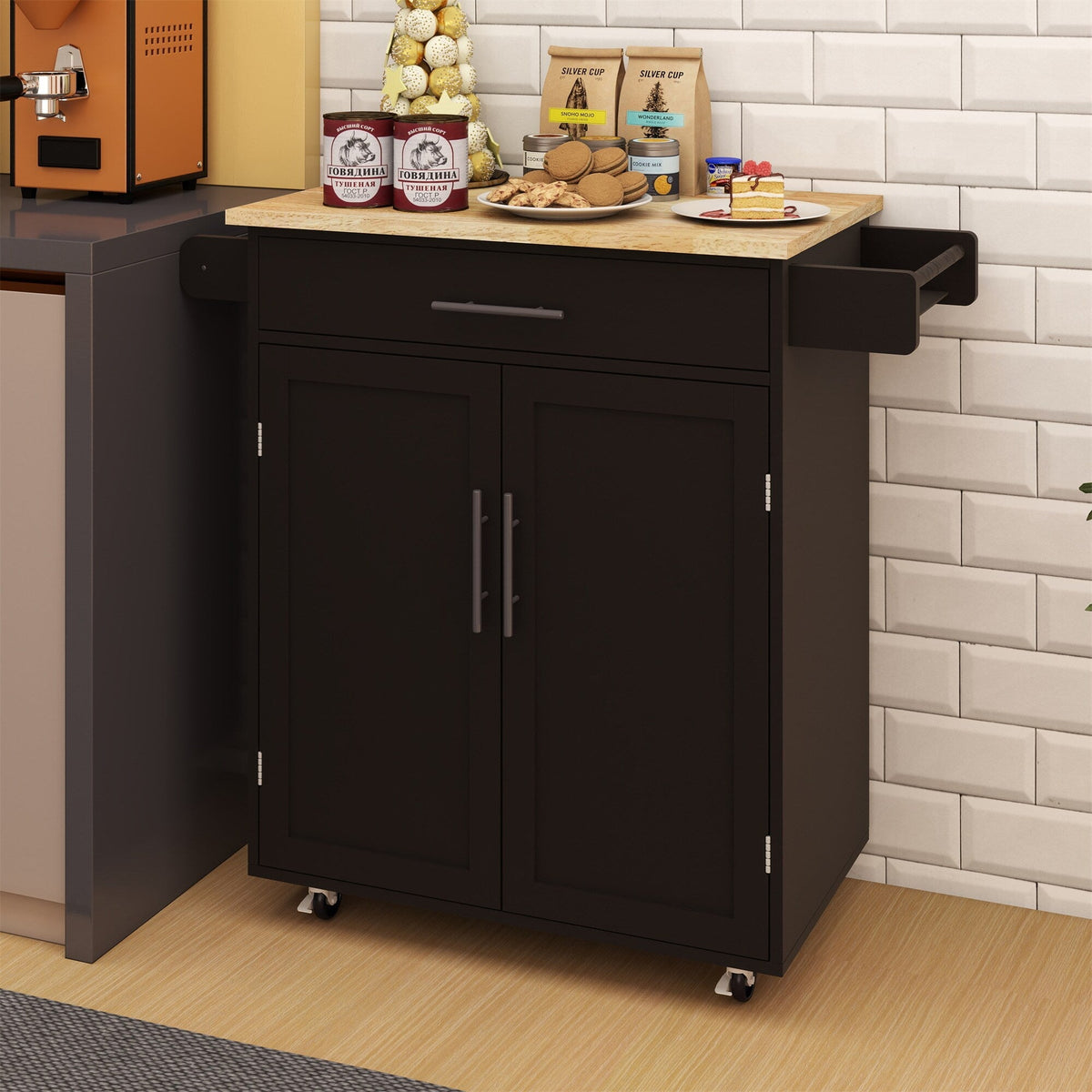 BABOOM Black Mdf Base with Wood Top Rolling Kitchen Island (17.71-in x 38.18-in x 36.02-in)