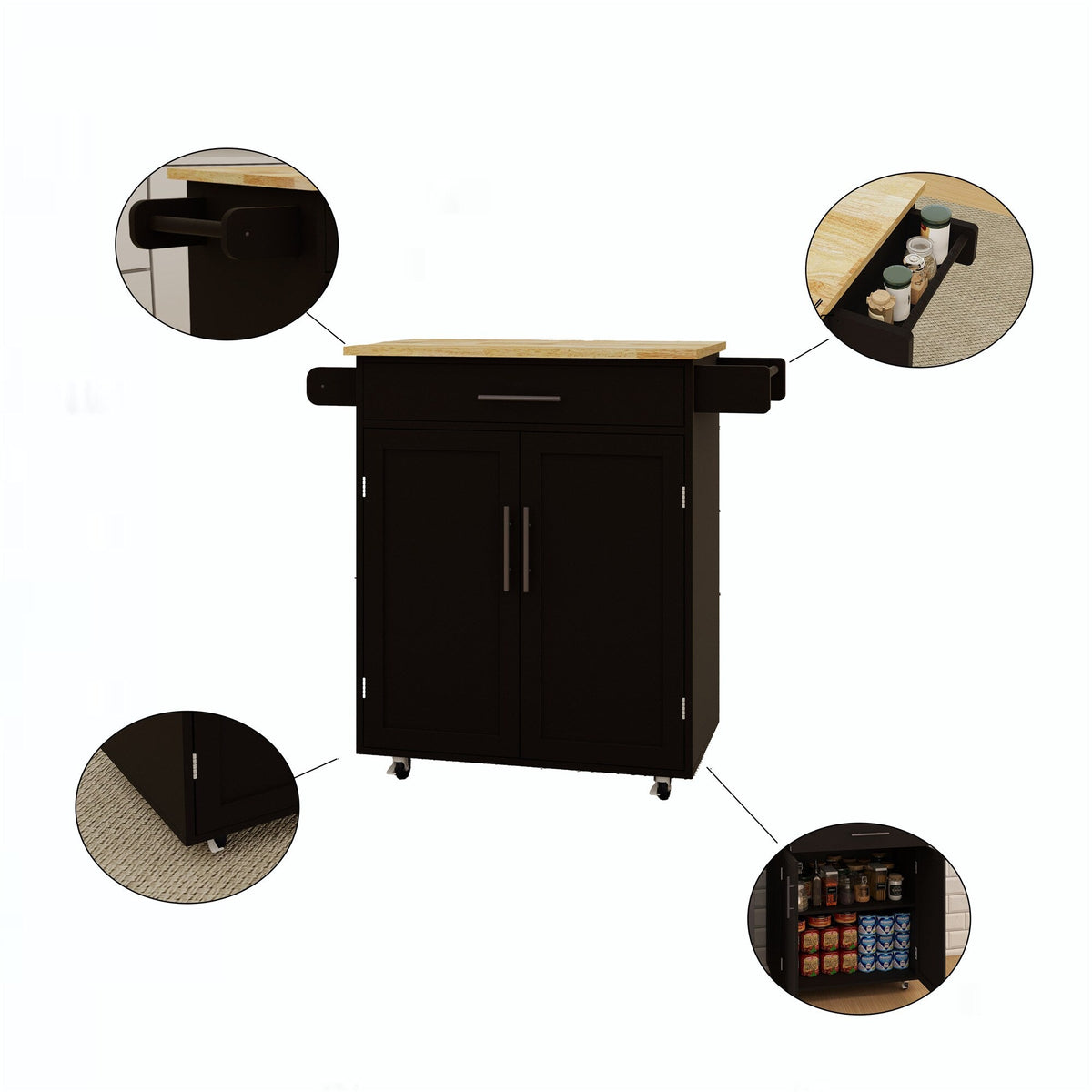 BABOOM Black Mdf Base with Wood Top Rolling Kitchen Island (17.71-in x 38.18-in x 36.02-in)