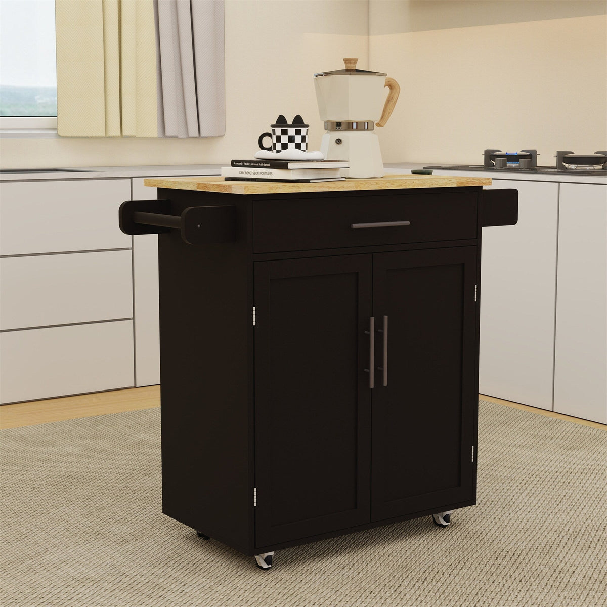 BABOOM Black Mdf Base with Wood Top Rolling Kitchen Island (17.71-in x 38.18-in x 36.02-in)