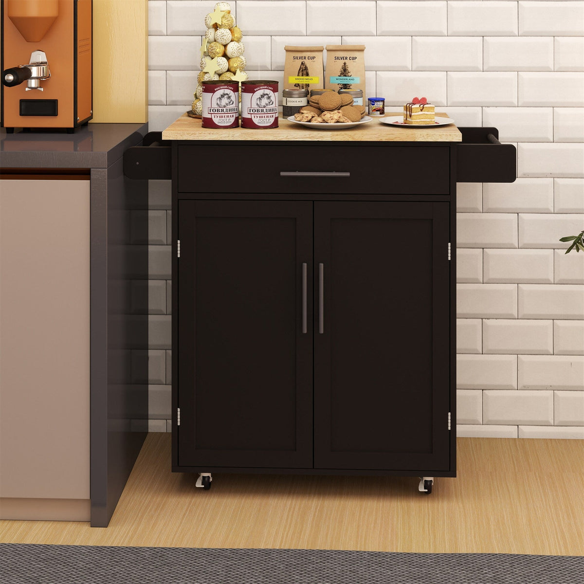 BABOOM Black Mdf Base with Wood Top Rolling Kitchen Island (17.71-in x 38.18-in x 36.02-in)