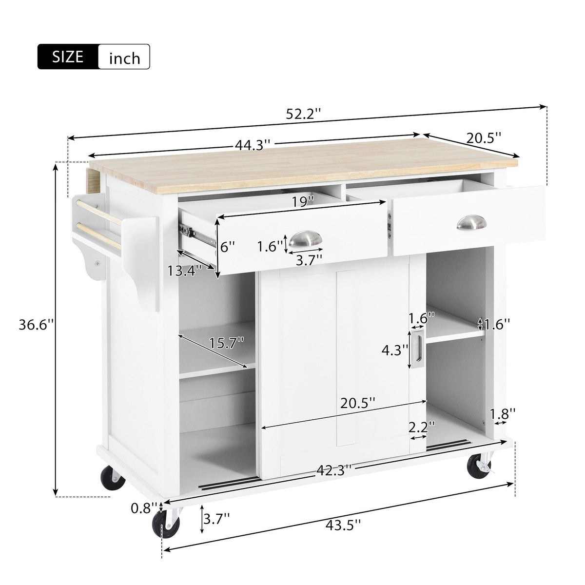 Nestfair White Wood Base with Mdf Wood Top Rolling Kitchen Island (20.5-in x 52.2-in x 36.6-in)