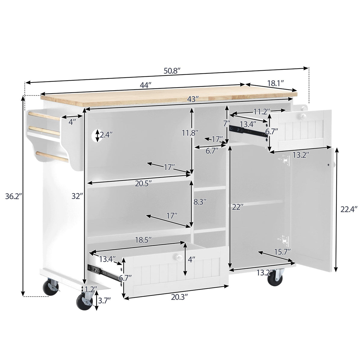 Nestfair White Wood Base with Mdf Wood Top Rolling Kitchen Island (18.1-in x 50.8-in x 36.2-in)