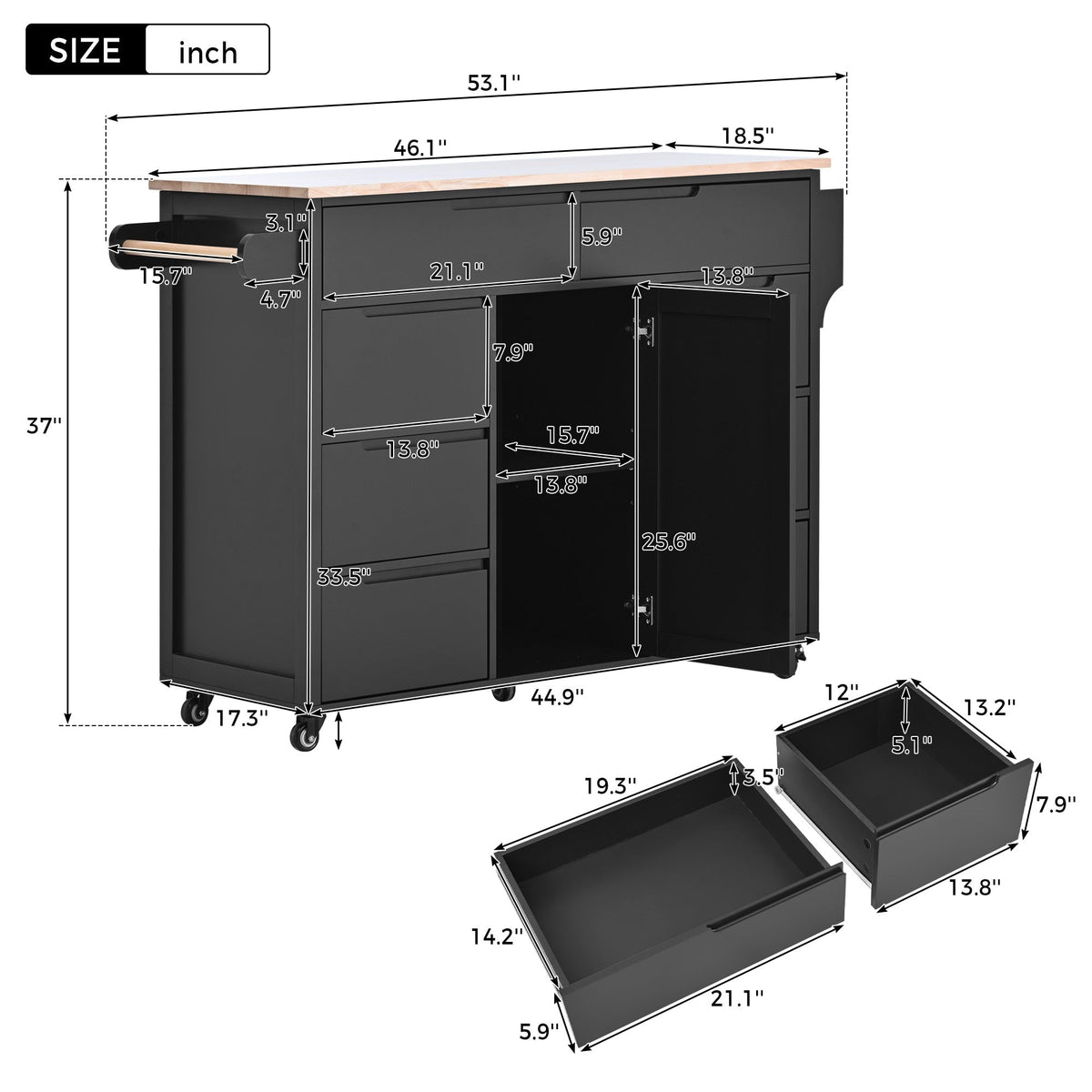 Nestfair Black Wood Base with Mdf Wood Top Rolling Kitchen Island (18.5-in x 53.1-in x 37-in)