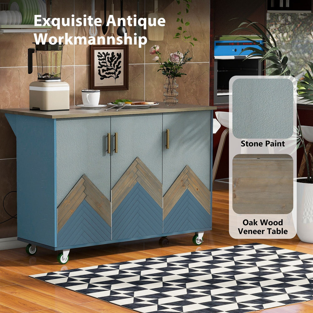 Nestfair Blue Wood Base with Mdf Wood Top Rolling Kitchen Island (25.7-in x 51.6-in x 36.7-in)