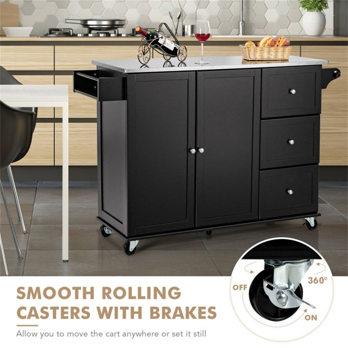 BABOOM Black Mdf Base with Stainless Steel Metal Top Rolling Kitchen Cart (18-in x 54-in x 36-in)