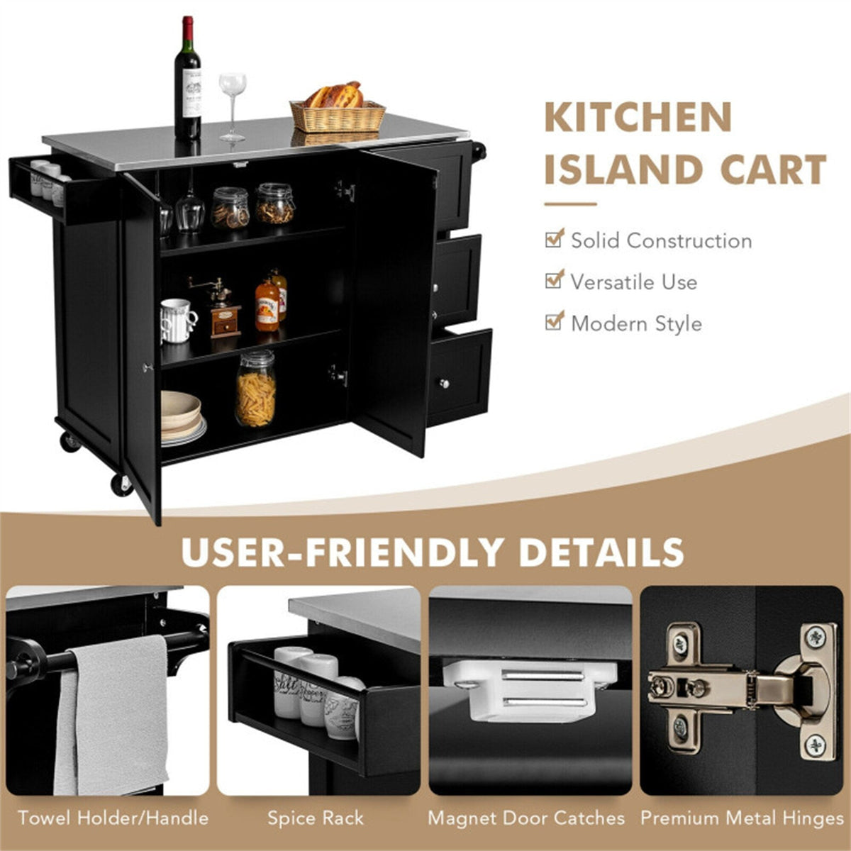 BABOOM Black Mdf Base with Stainless Steel Metal Top Rolling Kitchen Cart (18-in x 54-in x 36-in)