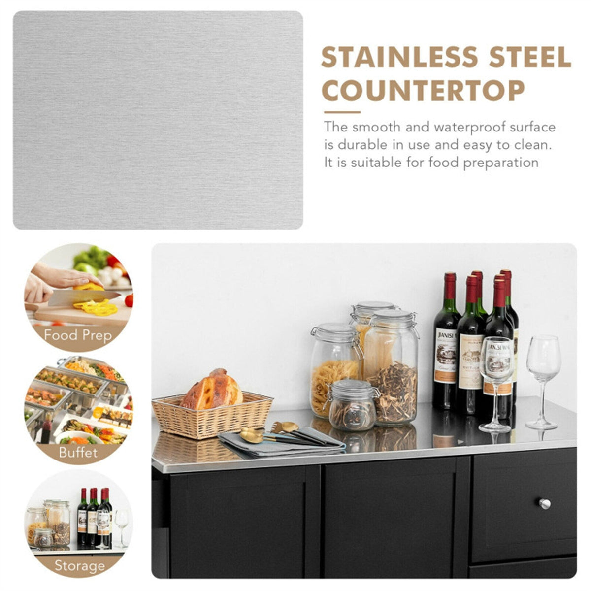 BABOOM Black Mdf Base with Stainless Steel Metal Top Rolling Kitchen Cart (18-in x 54-in x 36-in)