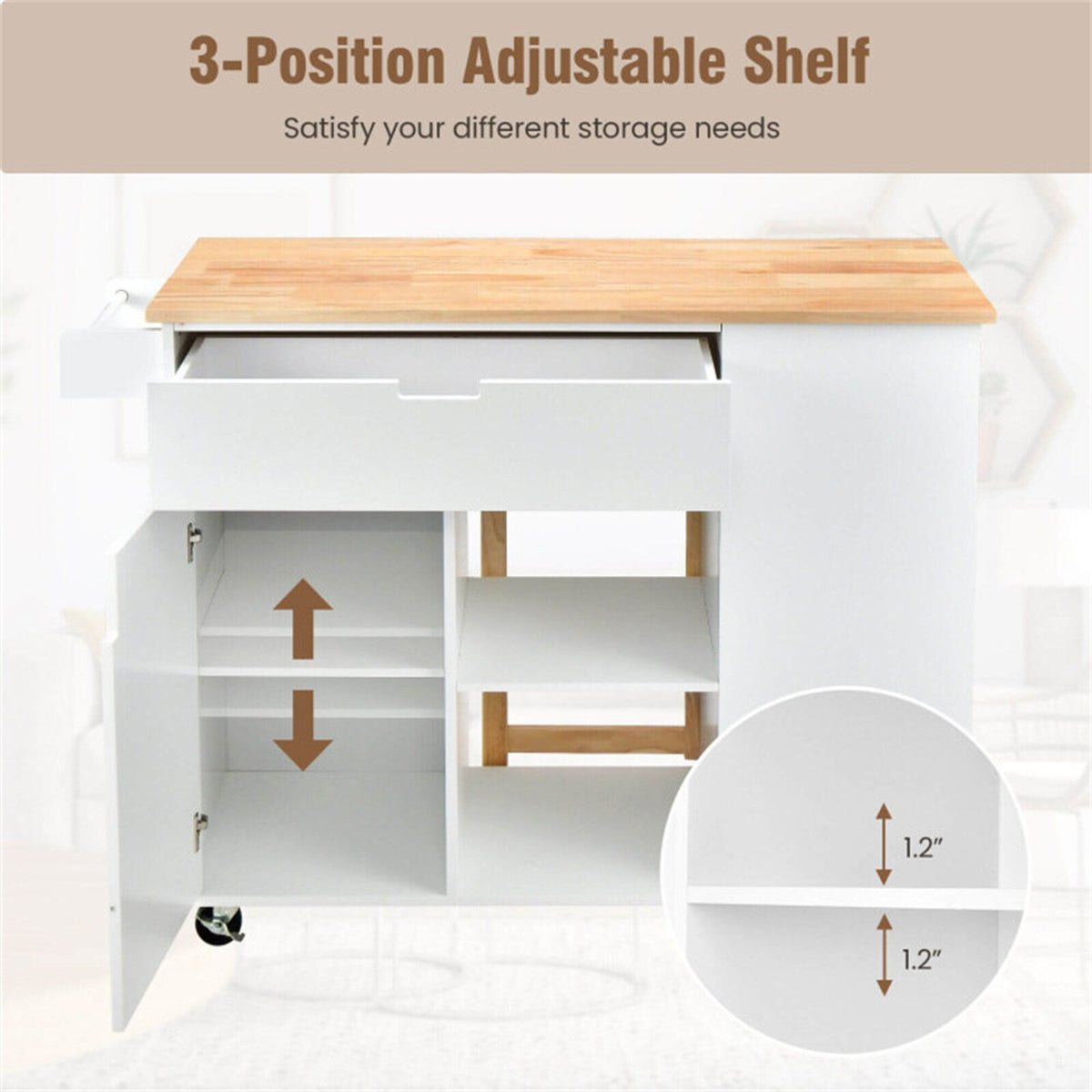 BABOOM White Mdf Base with Wood Top Rolling Kitchen Cart (30-in x 49-in x 36-in)