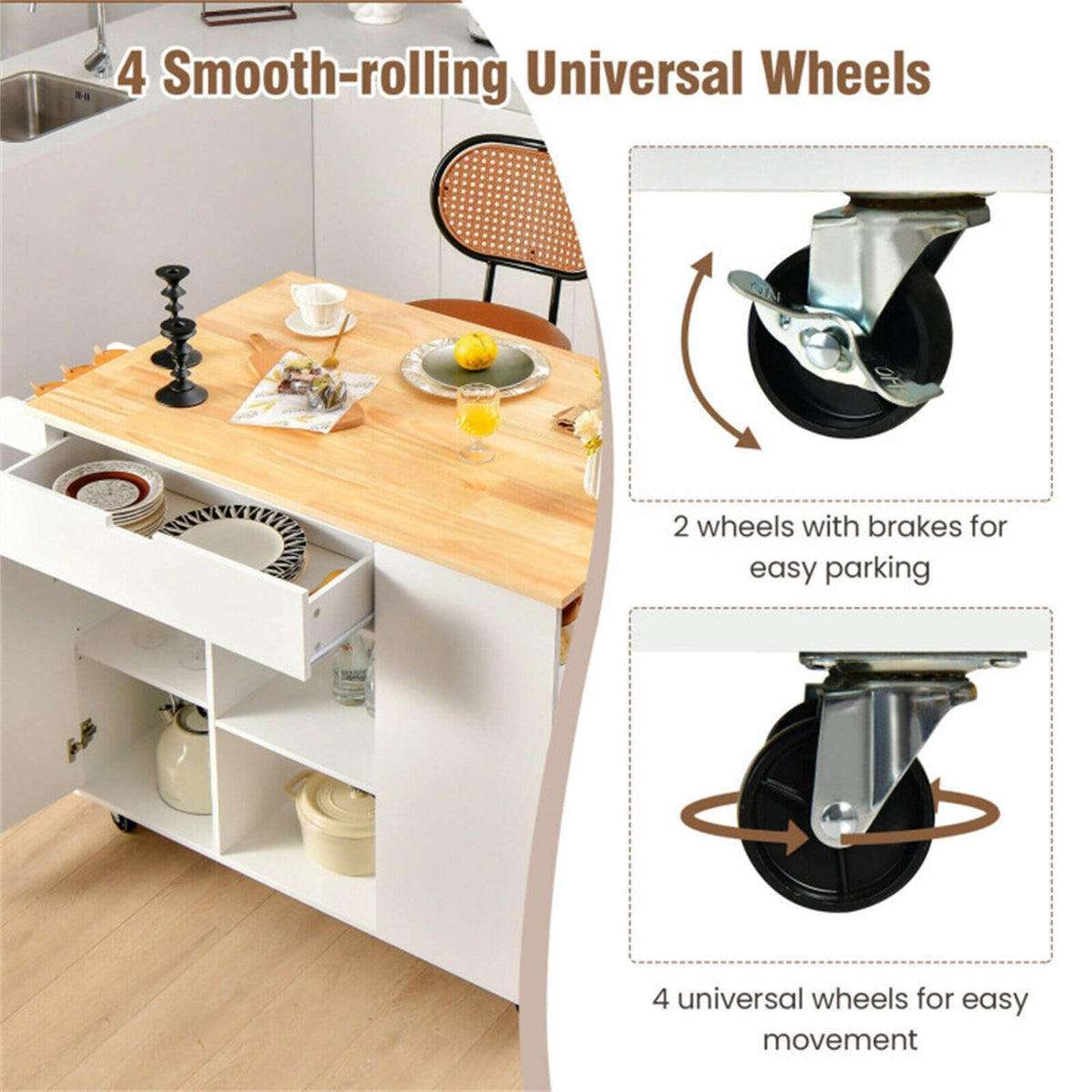 BABOOM White Mdf Base with Wood Top Rolling Kitchen Cart (30-in x 49-in x 36-in)