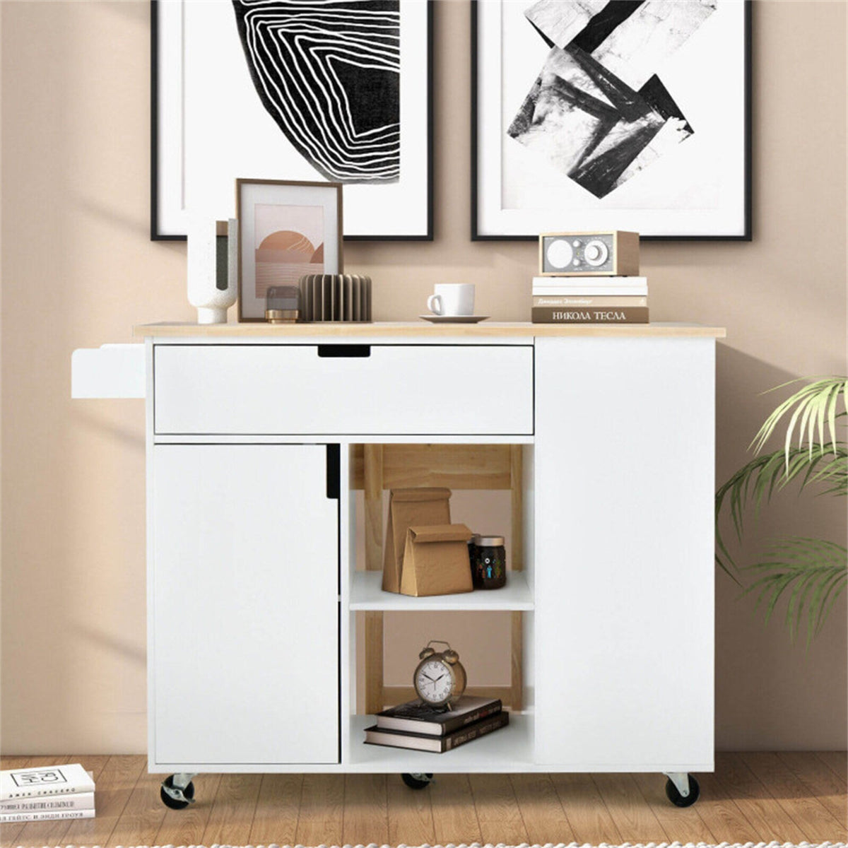BABOOM White Mdf Base with Wood Top Rolling Kitchen Cart (30-in x 49-in x 36-in)