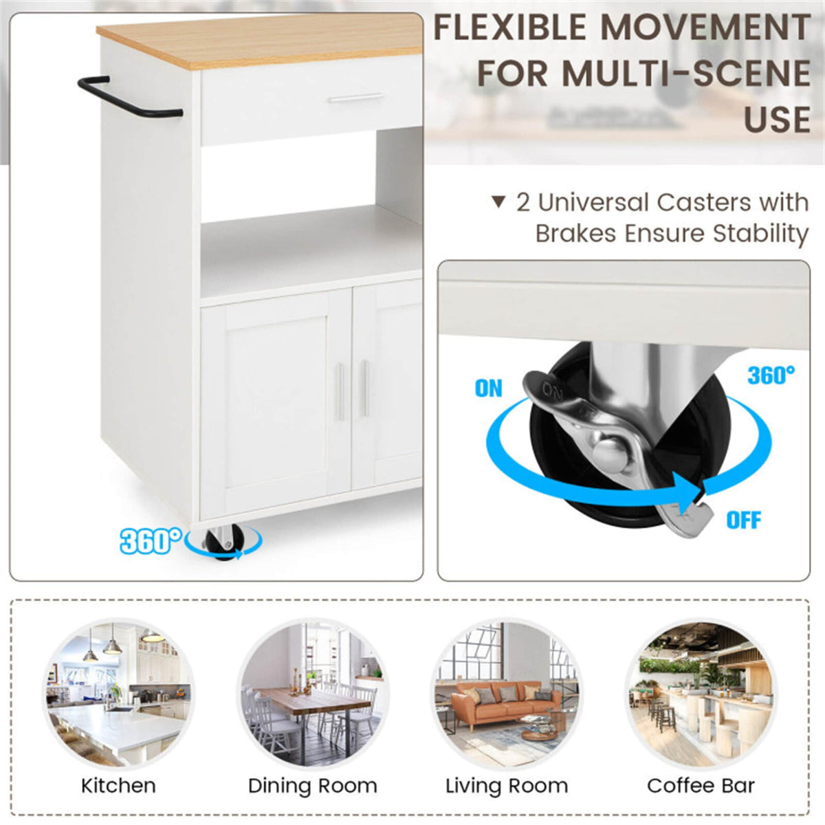 BABOOM White Composite Base with Composite Top Rolling Kitchen Cart (20-in x 32.5-in x 36.5-in)