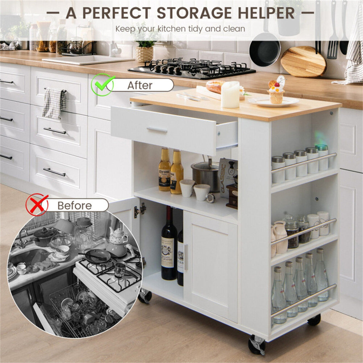 BABOOM White Composite Base with Composite Top Rolling Kitchen Cart (20-in x 32.5-in x 36.5-in)