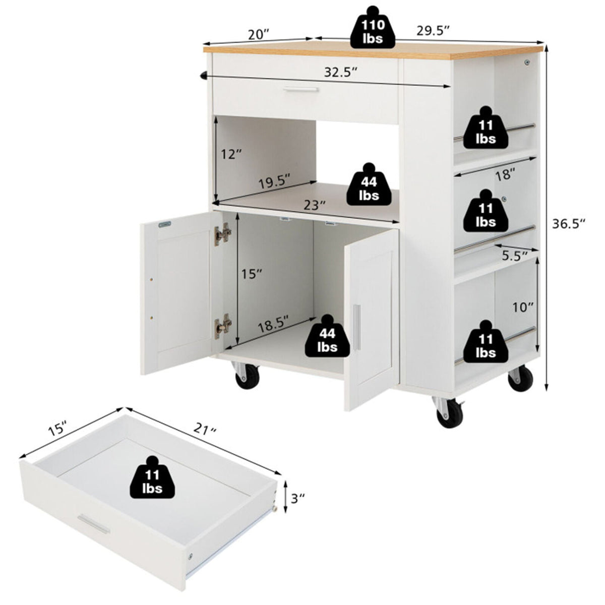 BABOOM White Composite Base with Composite Top Rolling Kitchen Cart (20-in x 32.5-in x 36.5-in)
