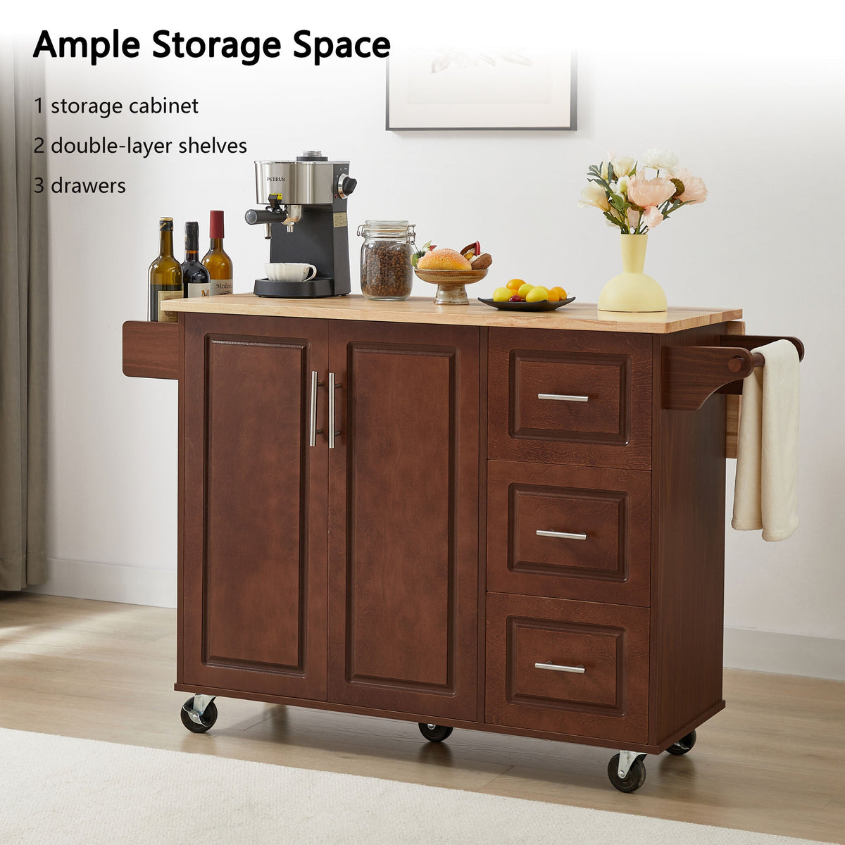 Kahomvis Brown Mdf Base with Wood Top Rolling Kitchen Island (18-in x 54-in x 35.5-in)