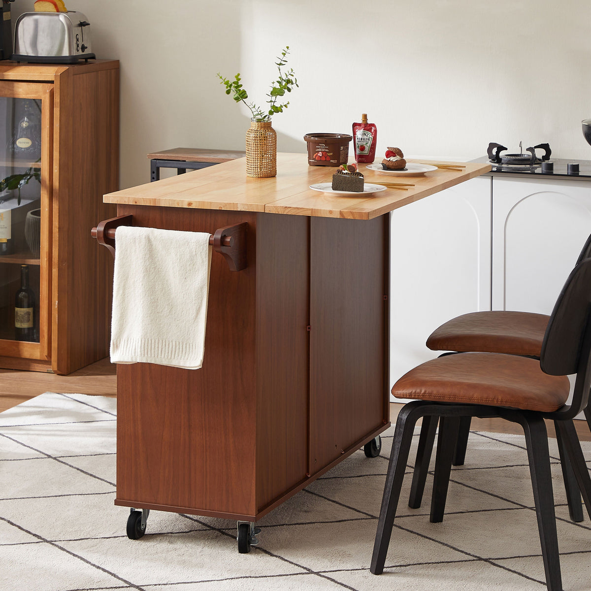 Kahomvis Brown Mdf Base with Wood Top Rolling Kitchen Island (18-in x 54-in x 35.5-in)