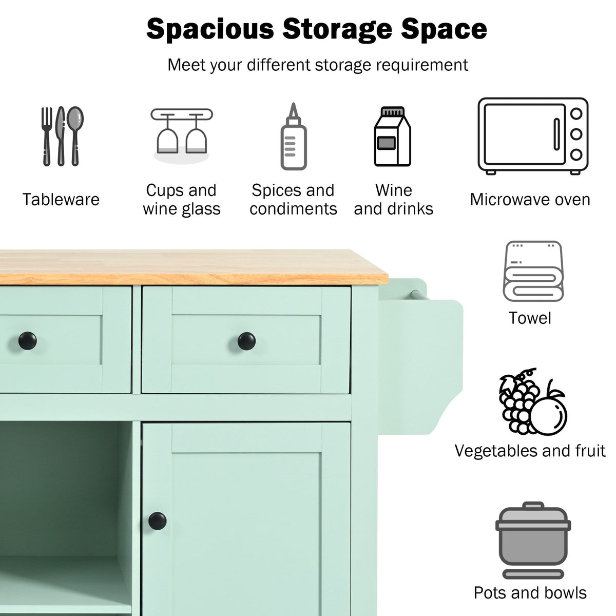 Kahomvis Green Mdf Base with Wood Top Rolling Kitchen Island (17.7-in x 53-in x 37.2-in)