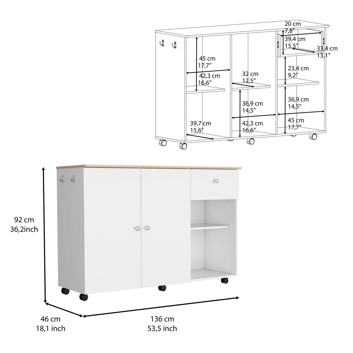 BABOOM White Composite Base with Composite Top Rolling Kitchen Island (18.1-in x 53.5-in x 36.2-in)