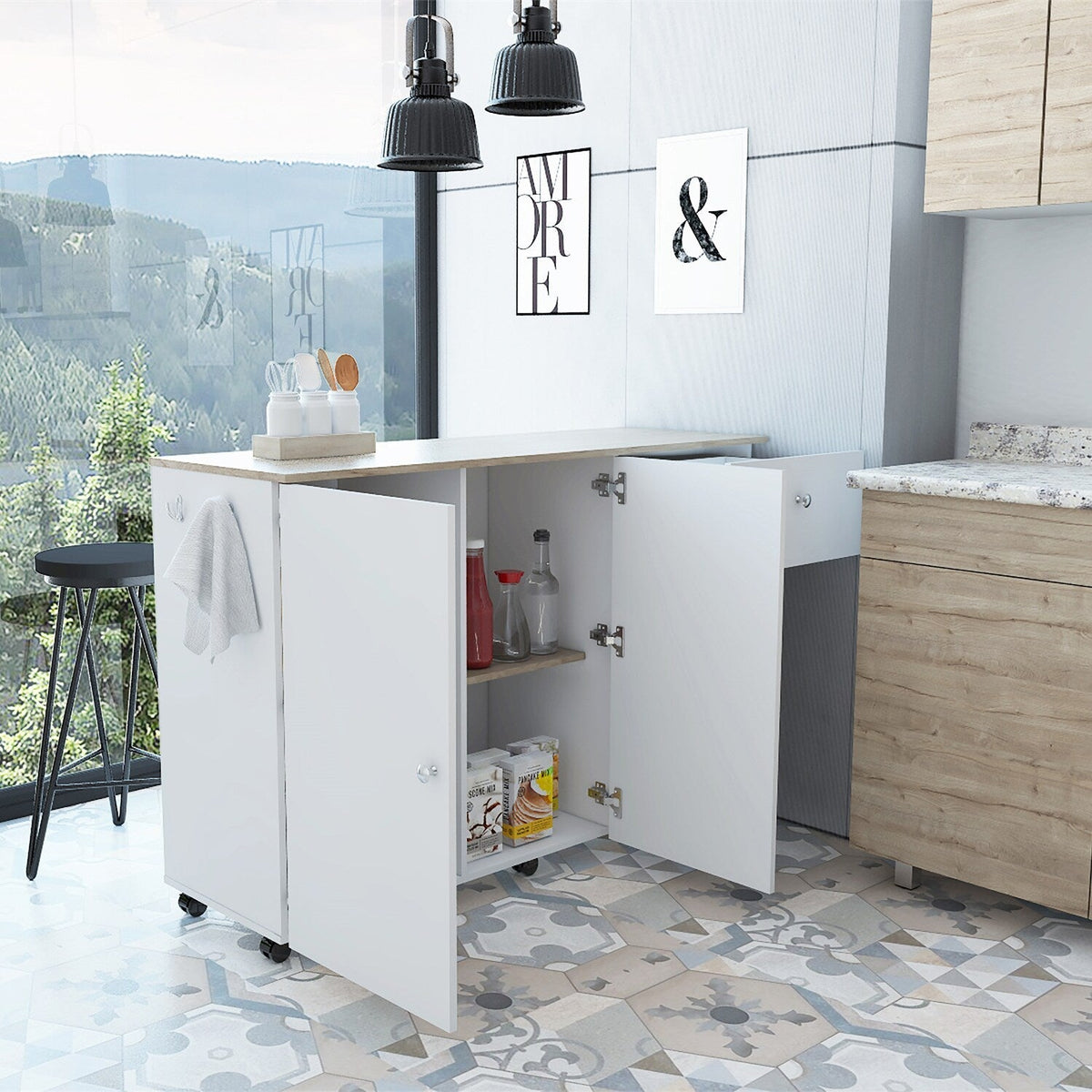 BABOOM White Composite Base with Composite Top Rolling Kitchen Island (18.1-in x 53.5-in x 36.2-in)