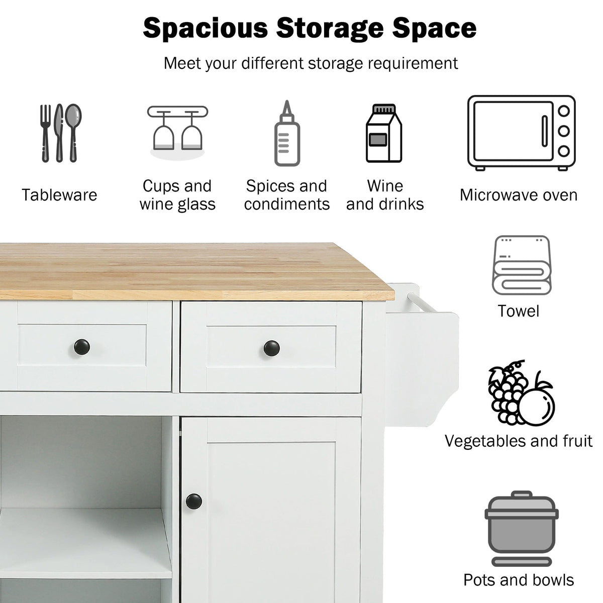 Kahomvis White Mdf Base with Wood Top Rolling Kitchen Island (17.7-in x 53-in x 37.2-in)