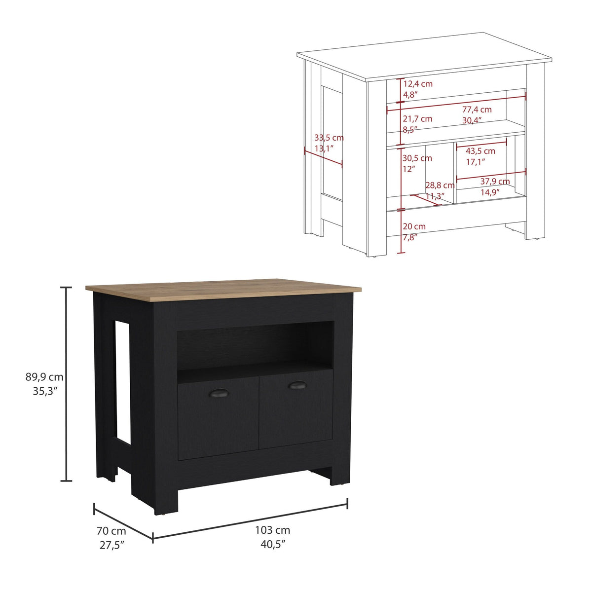 BABOOM Black Mdf Base with Composite Top Kitchen Island (27.5-in x 40.5-in x 35.3-in)