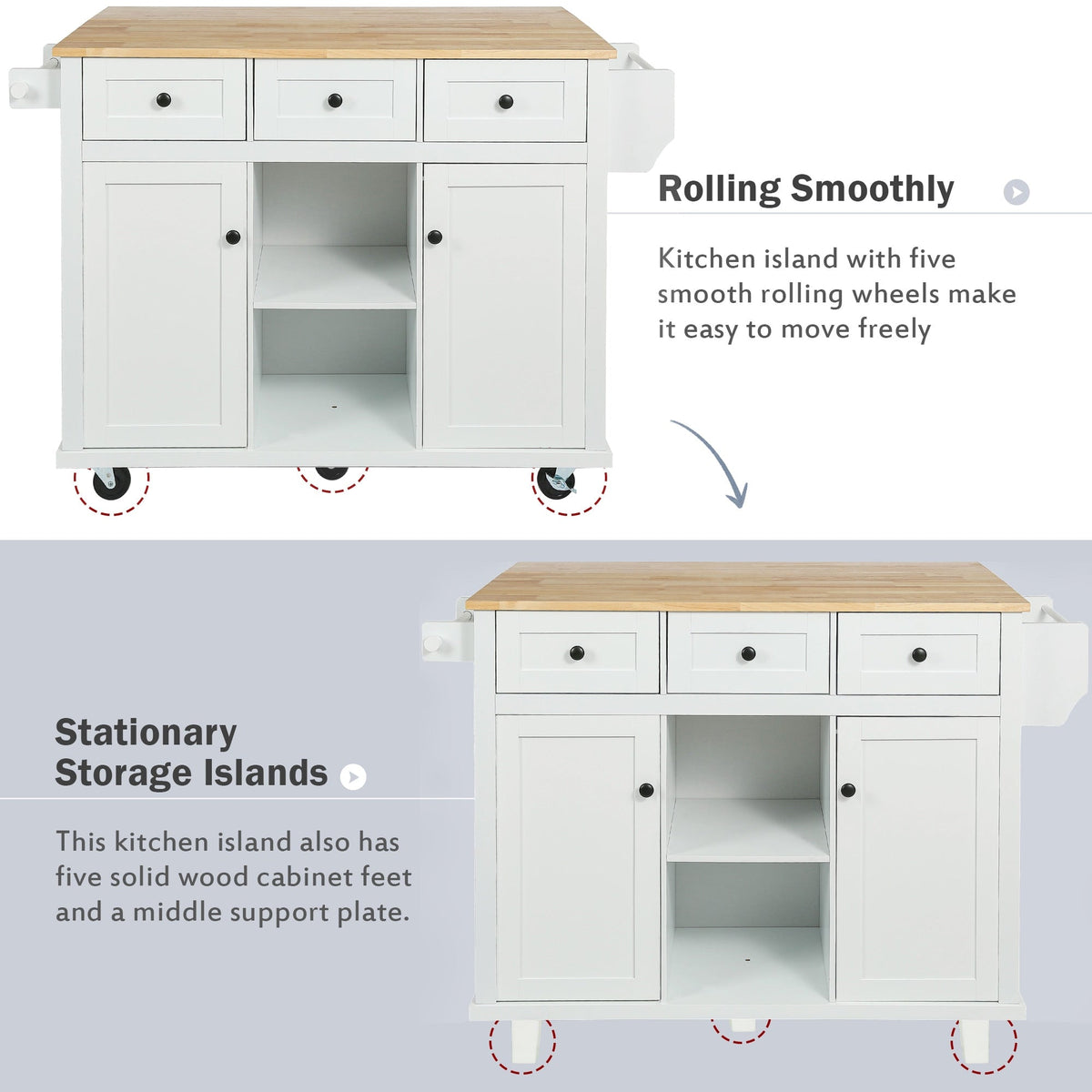 Kahomvis White Mdf Base with Wood Top Rolling Kitchen Island (17.7-in x 53-in x 37.2-in)