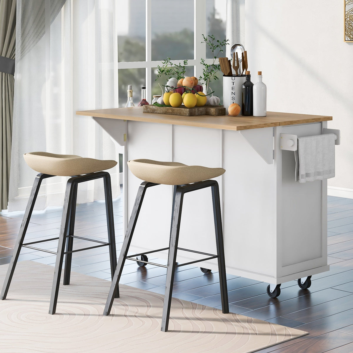 Kahomvis White Mdf Base with Wood Top Rolling Kitchen Island (17.7-in x 53-in x 37.2-in)