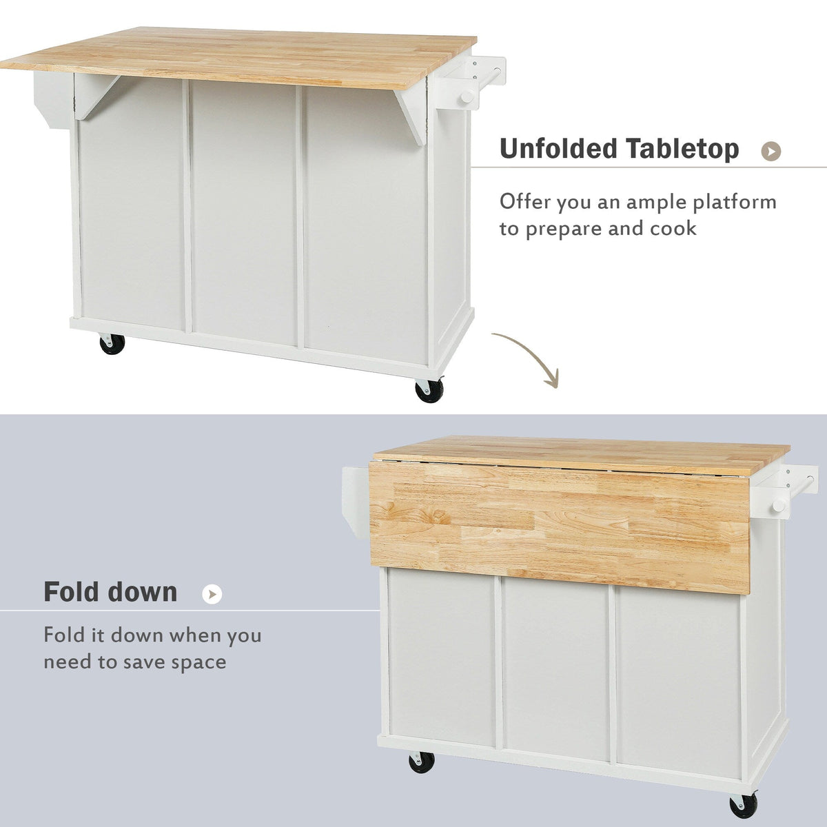 Kahomvis White Mdf Base with Wood Top Rolling Kitchen Island (17.7-in x 53-in x 37.2-in)