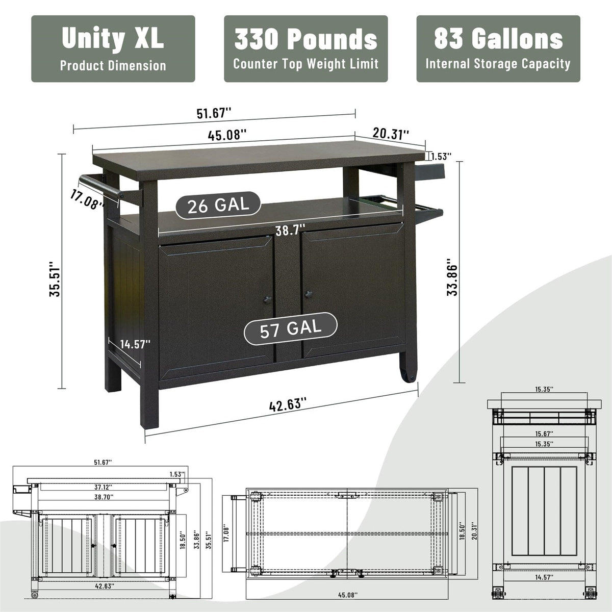 BABOOM Brown Metal Base with Extruded Aluminum Top Rolling Kitchen Island (20.31-in x 51.67-in x 35.51-in)