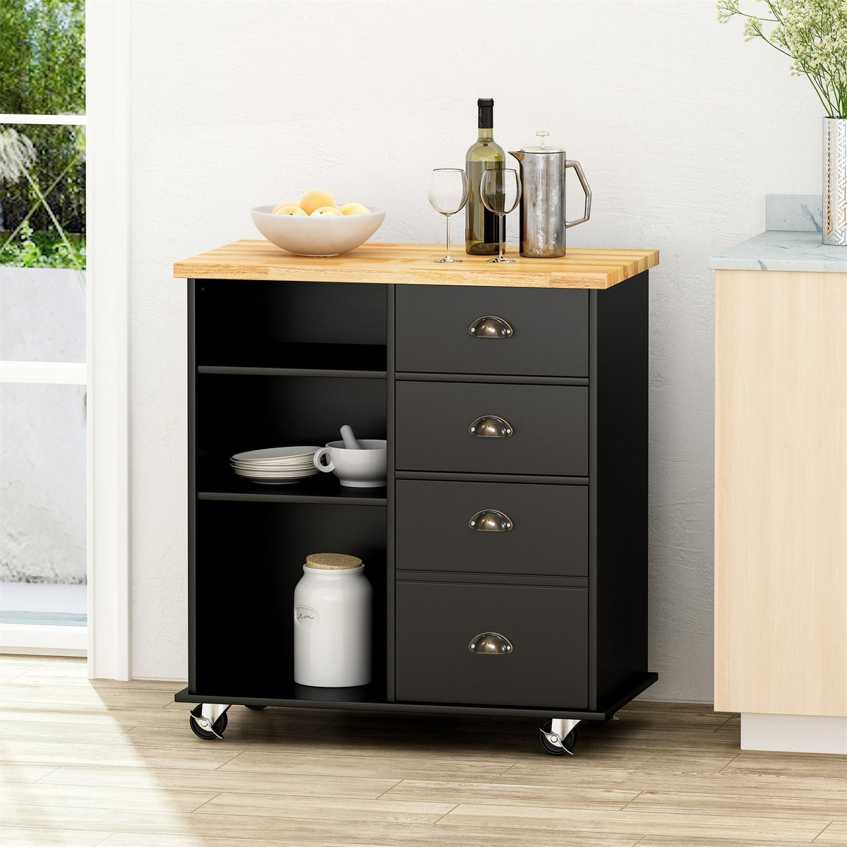 BABOOM Black Composite Base with Wood Top Rolling Kitchen Cart (17.75-in x 31.5-in x 34.5-in)