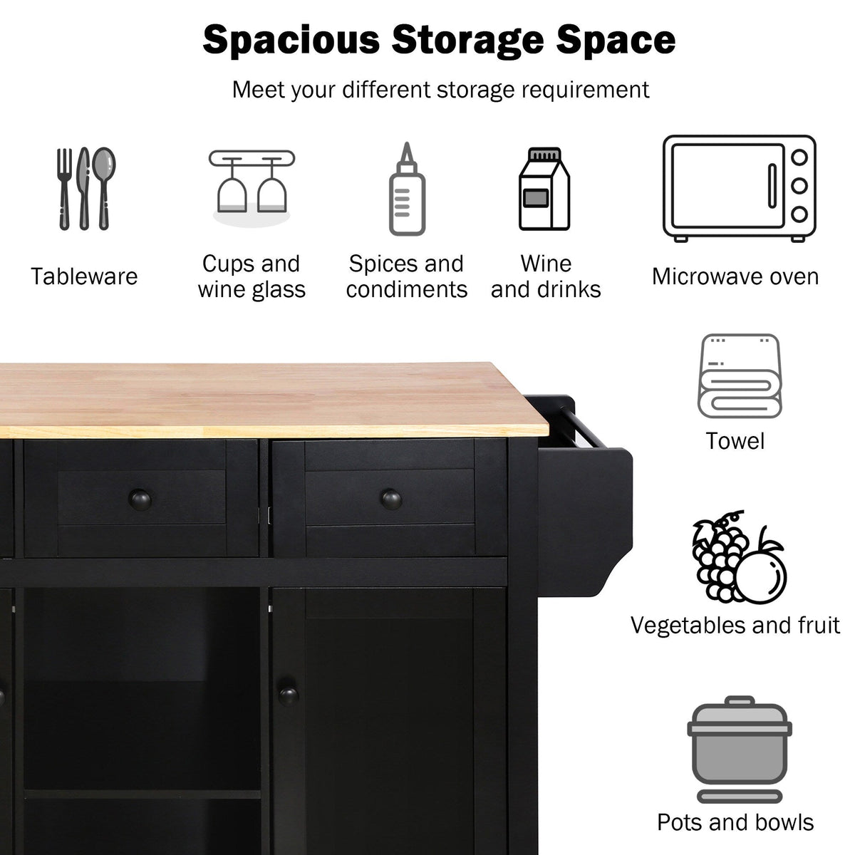 Kahomvis Black Mdf Base with Wood Top Rolling Kitchen Island (17.7-in x 53-in x 37.2-in)