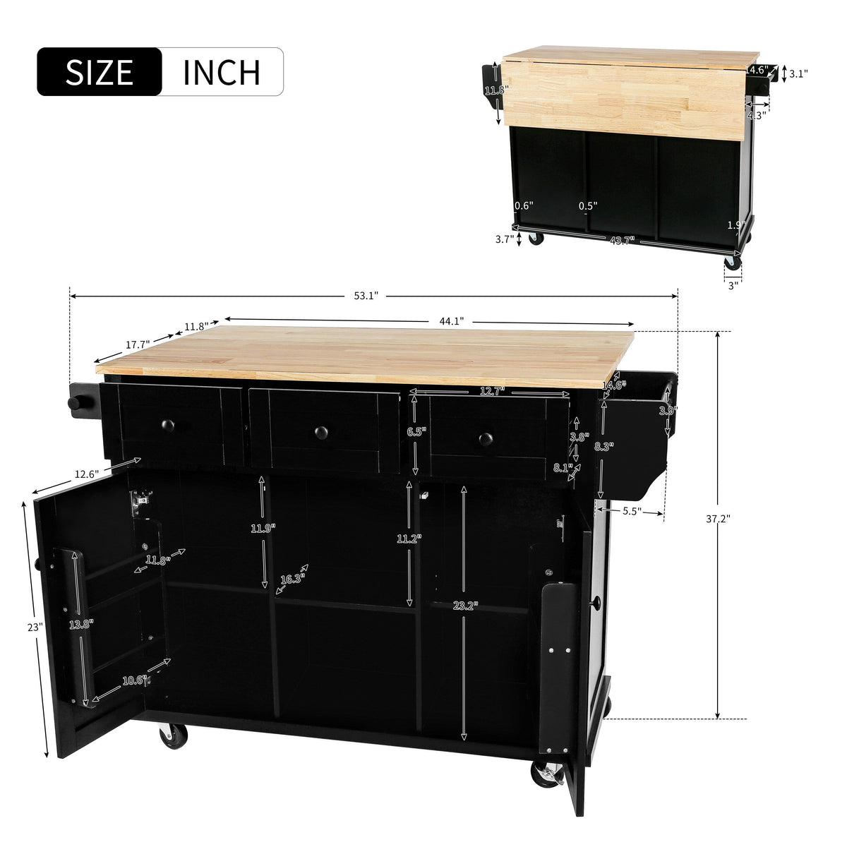 Kahomvis Black Mdf Base with Wood Top Rolling Kitchen Island (17.7-in x 53-in x 37.2-in)