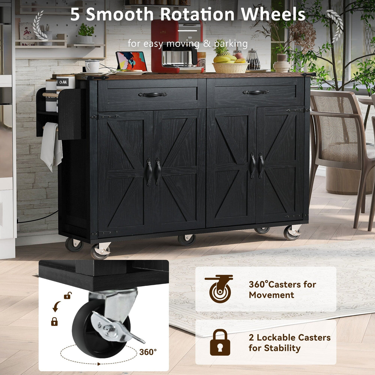 BABOOM Black Mdf Base with Mdf Wood Top Rolling Kitchen Cart (28.75-in x 53.5-in x 36.5-in)