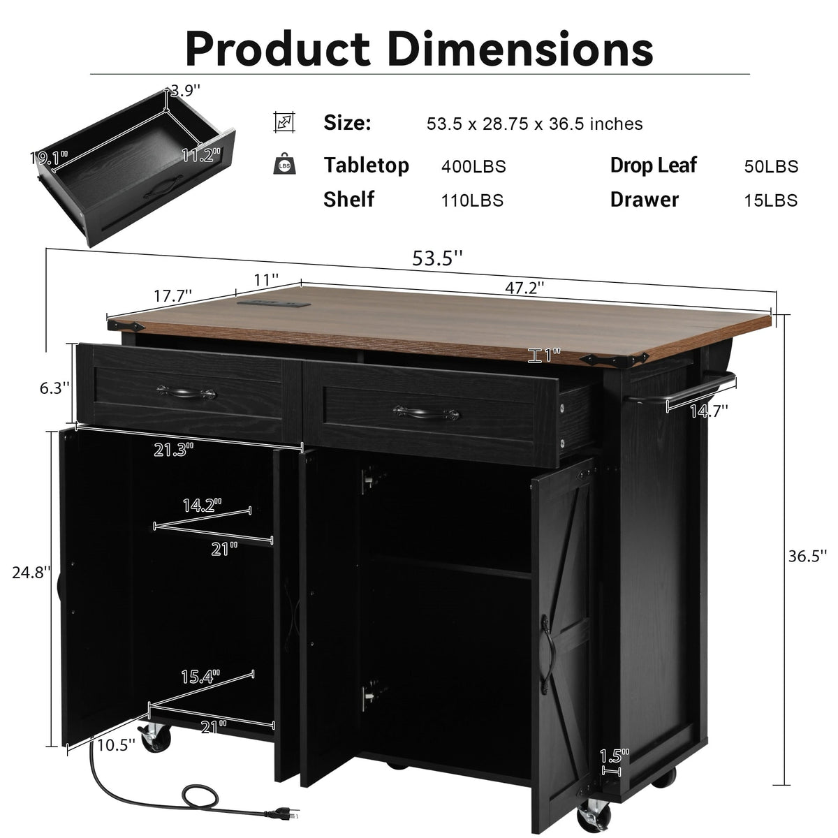 BABOOM Black Mdf Base with Mdf Wood Top Rolling Kitchen Cart (28.75-in x 53.5-in x 36.5-in)
