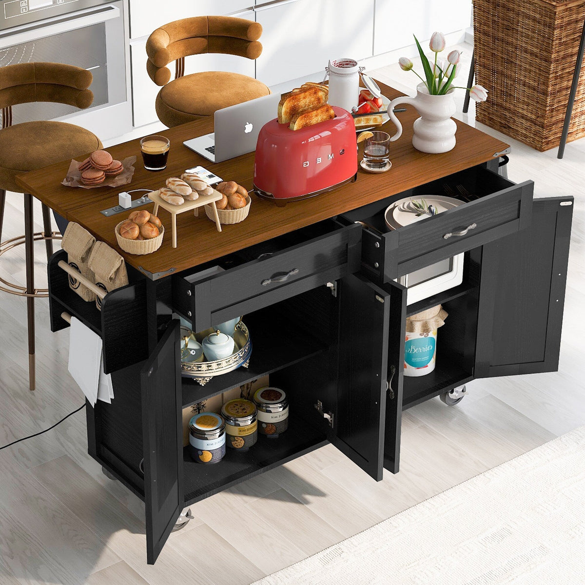 BABOOM Black Mdf Base with Mdf Wood Top Rolling Kitchen Cart (28.75-in x 53.5-in x 36.5-in)