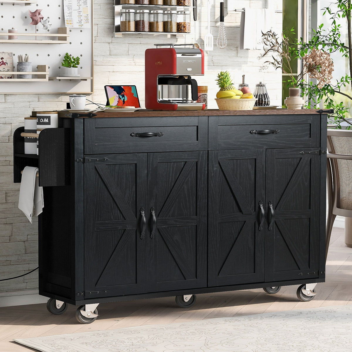 BABOOM Black Mdf Base with Mdf Wood Top Rolling Kitchen Cart (28.75-in x 53.5-in x 36.5-in)