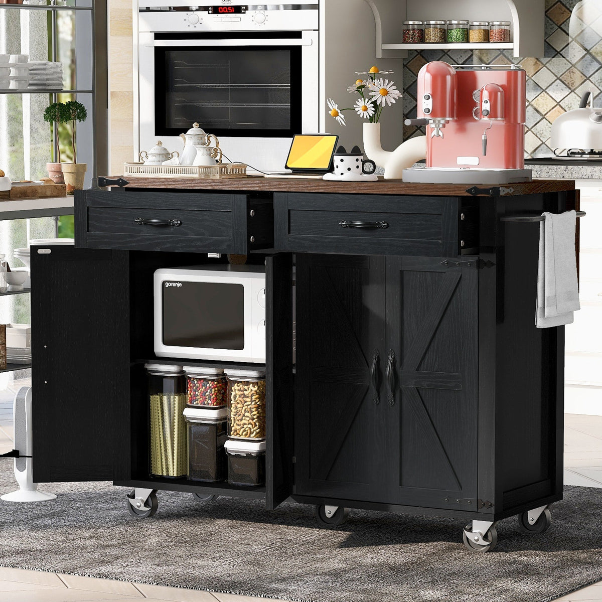 BABOOM Black Mdf Base with Mdf Wood Top Rolling Kitchen Cart (28.75-in x 53.5-in x 36.5-in)